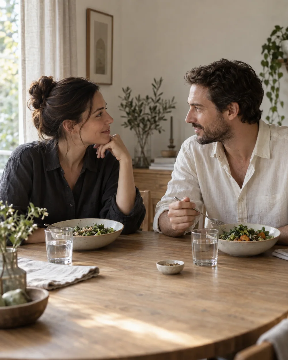 Two people enjoying a conversation over dinner at home
